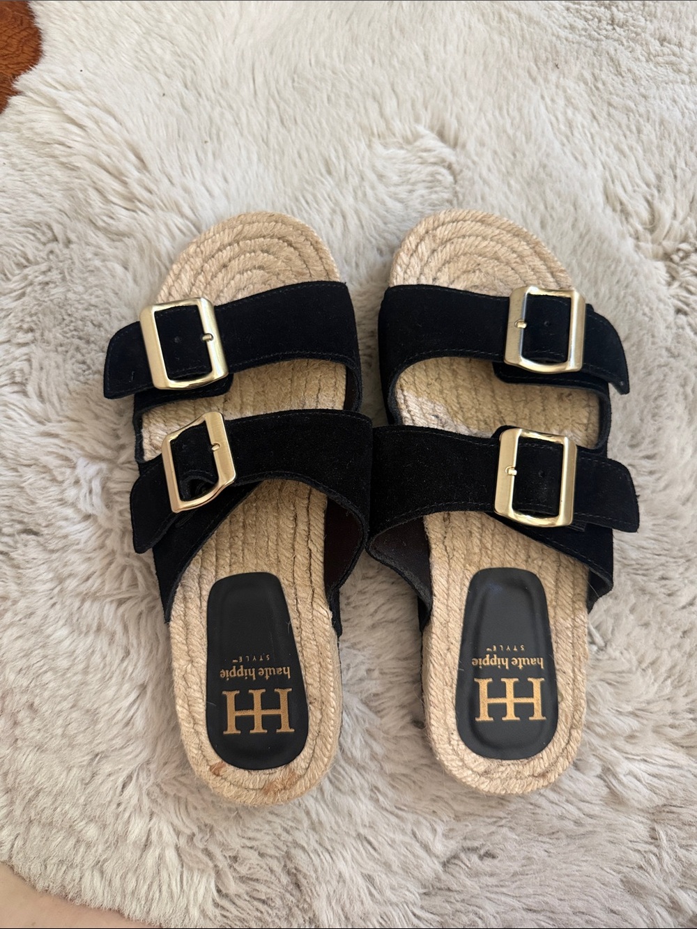 Haute Hippie Black Suede Double Buckle Slides with Gold Buckles